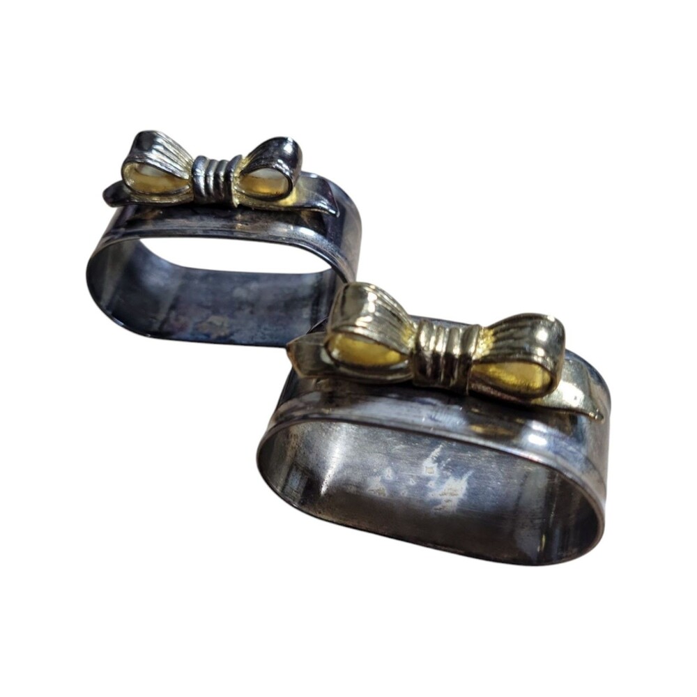 Silver Plate Napkin Holders W Gold Tone Bow